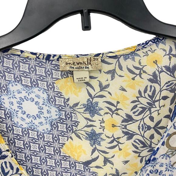 One World Live and Let Live Blouse Plus Sz 3X Blue Yellow Sheer 3/4 Sleeve Boho - Picture 10 of 12